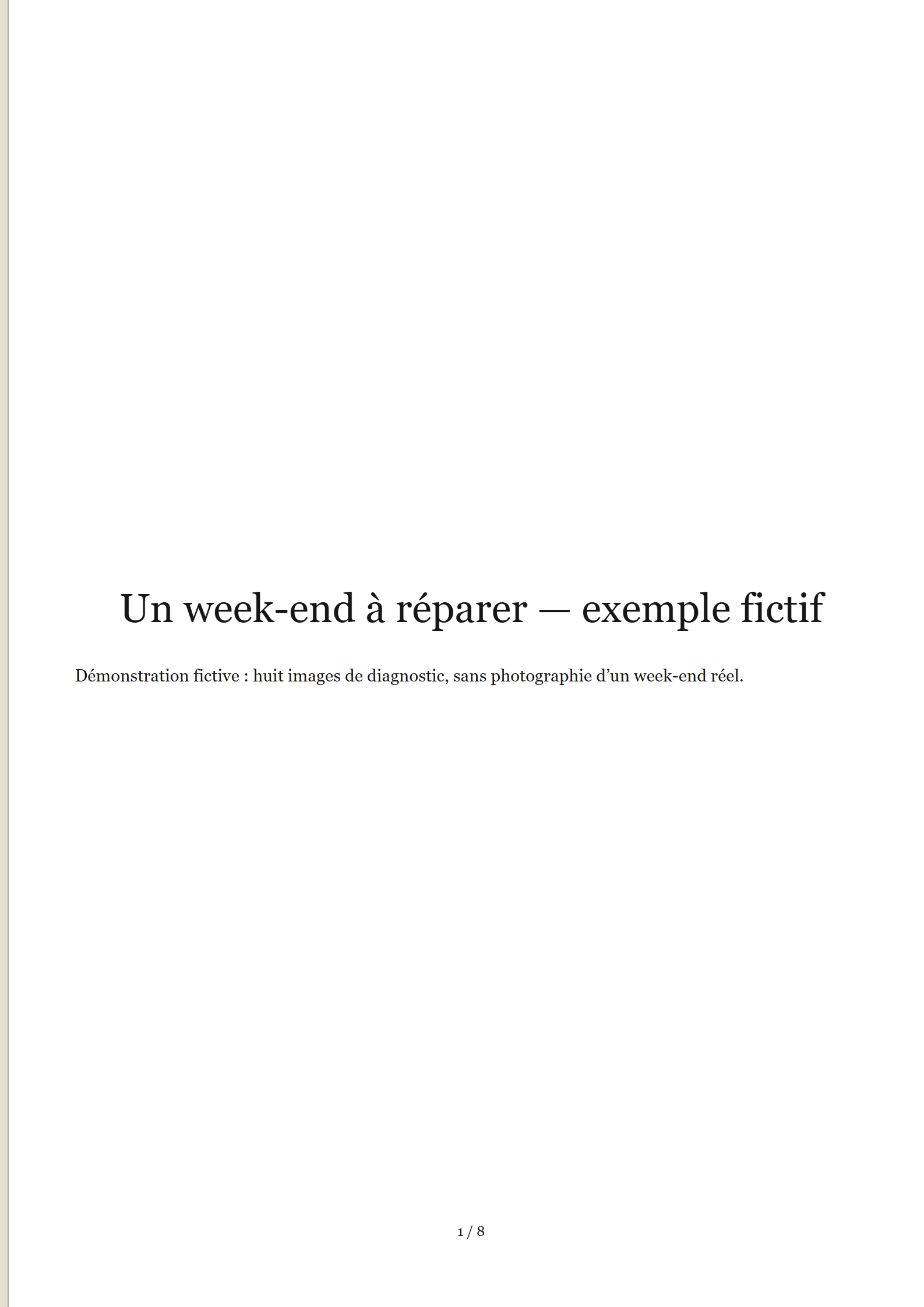 G01, résultat réel page 1 sur 8 : 0 images de diagnostic, titre et texte de la page entière