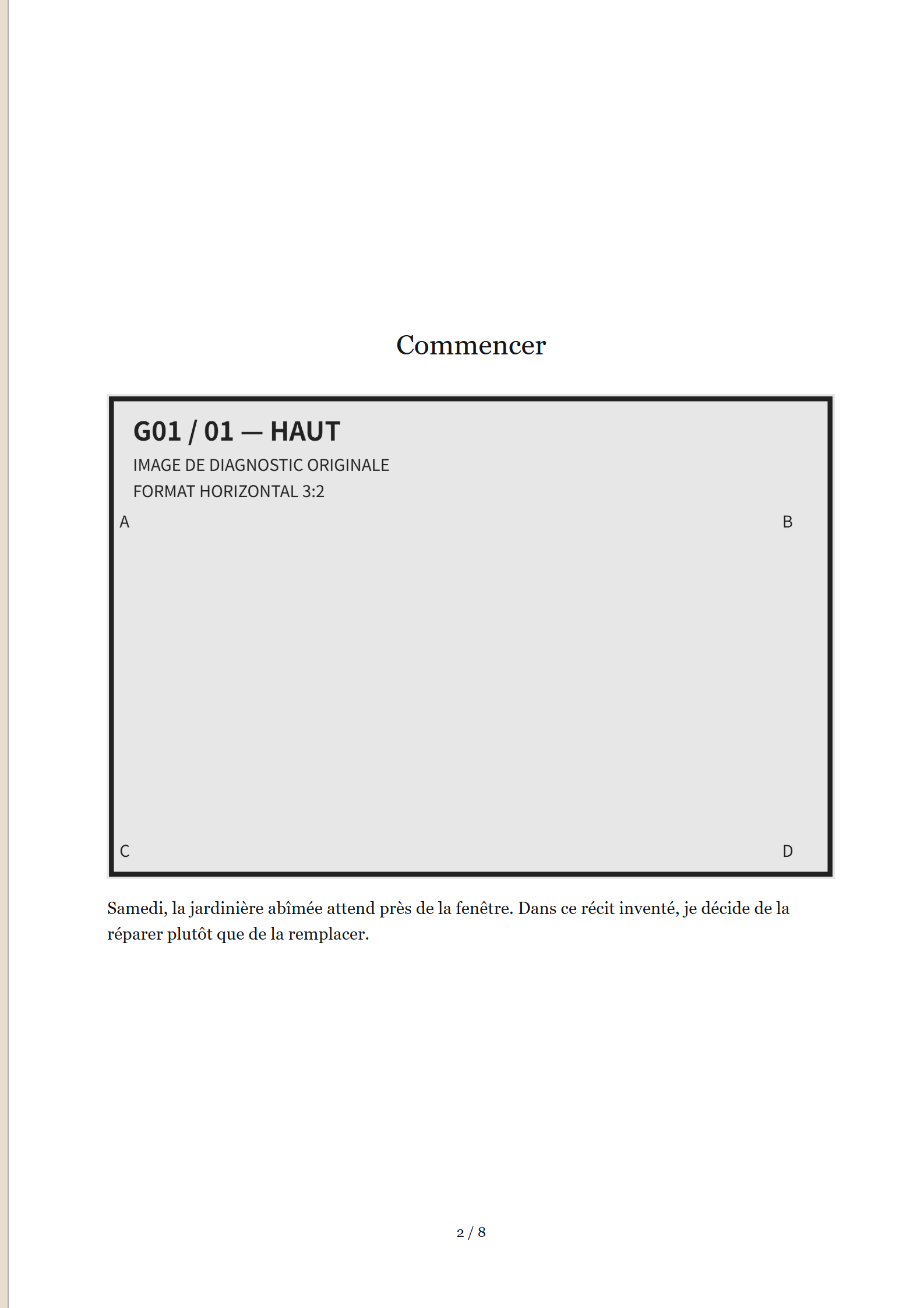 G01, résultat réel page 2 sur 8 : 1 images de diagnostic, titre et texte de la page entière