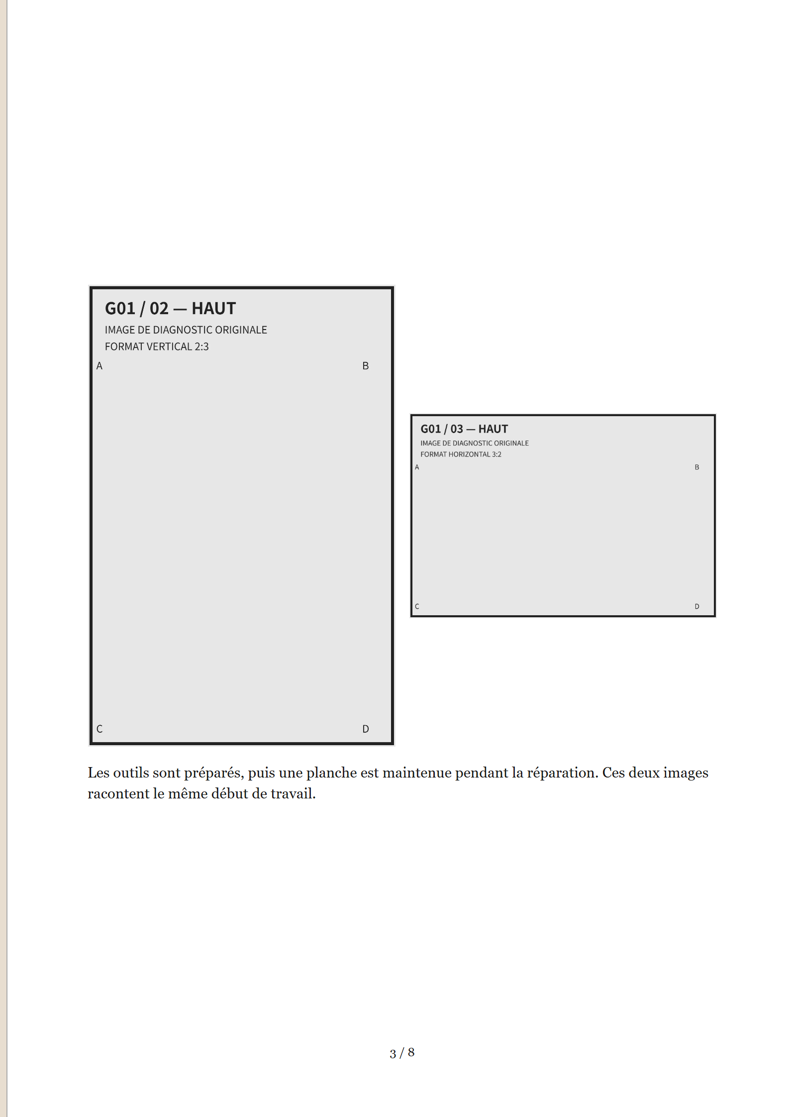 G01, résultat réel page 3 sur 8 : 2 images de diagnostic, titre et texte de la page entière