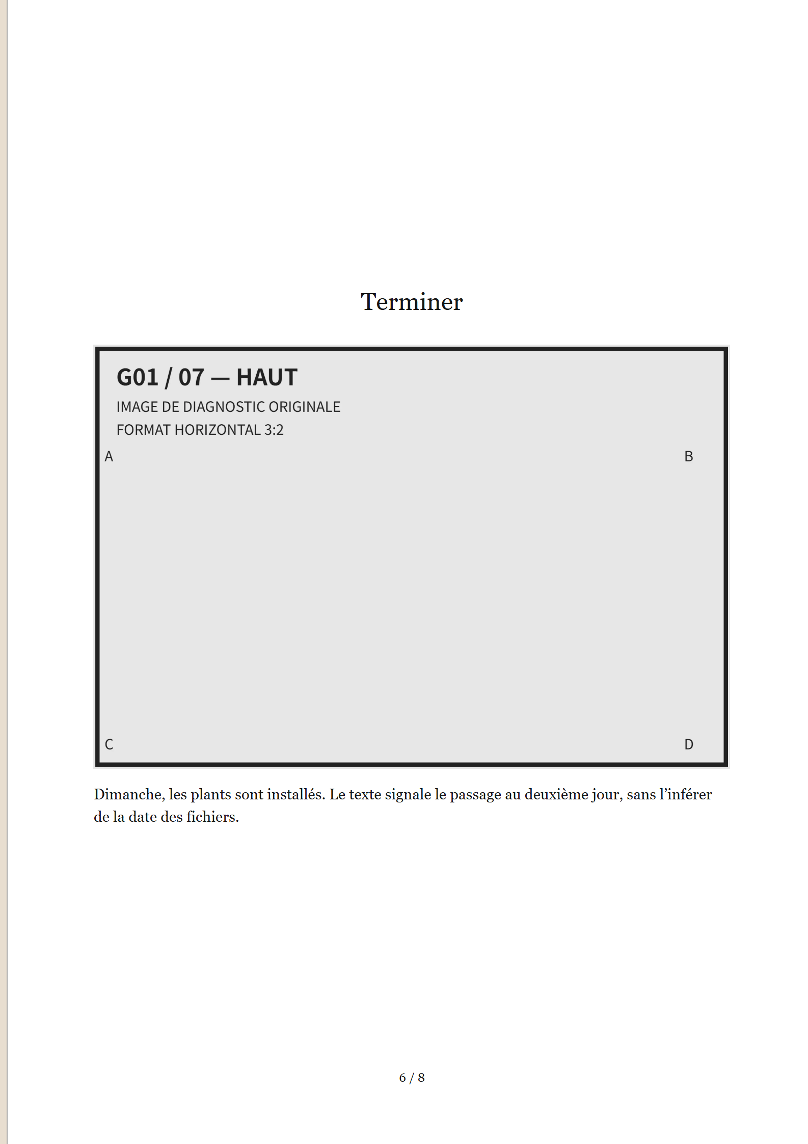 G01, résultat réel page 6 sur 8 : 1 images de diagnostic, titre et texte de la page entière