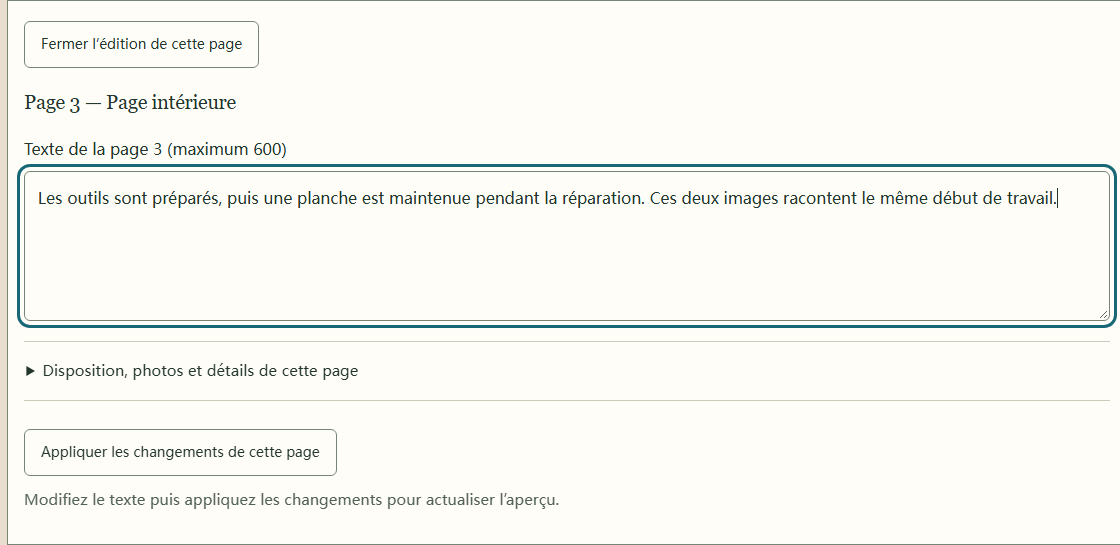 Éditeur réel de la page 3 : texte fictif saisi dans Texte de la page et bouton Appliquer les changements de cette page